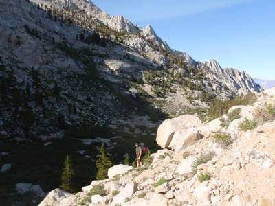 Joel, hiking up the talus slope between Lower Boyscout...