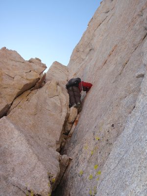 Now comes the fun part: down-climbing a nearly 5th class...