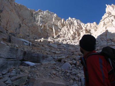 Joel, pausing to look up at the wall we just climbed...