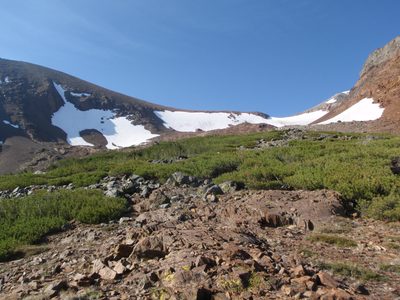A few glaciers resting on the slopes of Parker Peak.