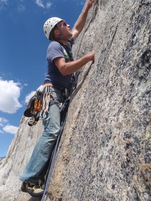 Starting to lead the crux pitch.