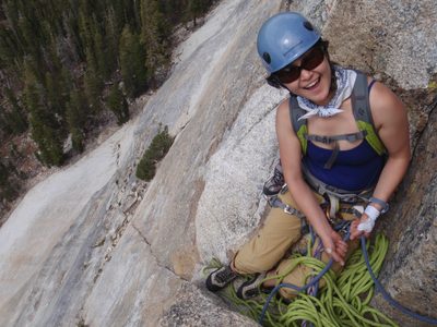 Monica stoked to be climbing Direct Northwest Face!