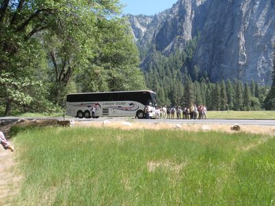 Tourists taking photos of El Capitan.