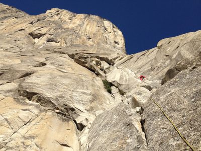 Much higher up on the first pitch of Salathe Wall (5.10c).