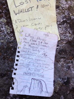 Great note, pinned to a rock on the approach trail to El Cap.