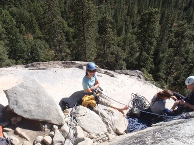 Monica, also hanging out sans-climbing shoes on our big ledge.