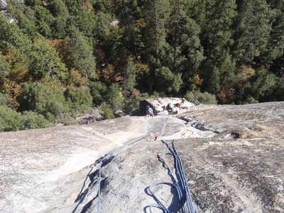 Monica following pitch 3 as the climbers from Santa Cruz wait.