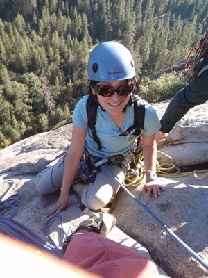 Monica hanging (literally) at the belay at the top of pitch 4.