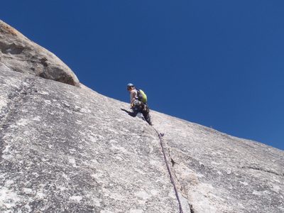 Monica on the sharp end of the rope on pitch 4.