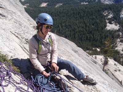 Hanging out at the very comfortable belay ledge at the...