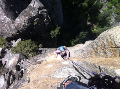 Monica past the tricky 5.10d crux on pitch 4. 