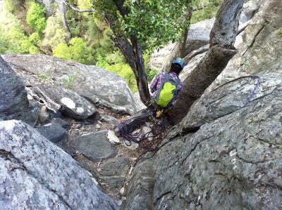 Monica, fixing a rappel on the way back down. "Pitch 4"...