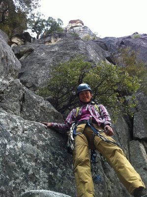 Back at the base of the spire. Monica after our 5th and...