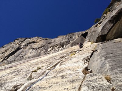 Monica climbing pitch 5 of Super Slide.