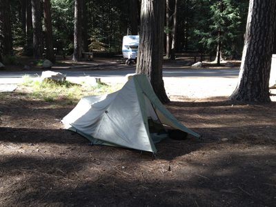 Alex pitches his tent much better on the second go.