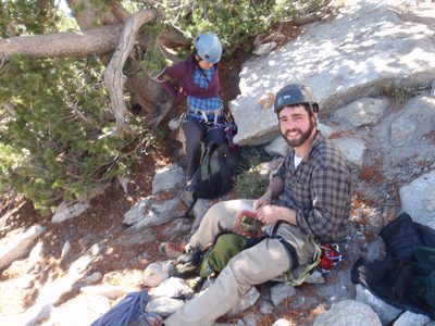 Eating lunch under the SE buttress of Cathedral Peak.