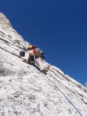 Alex leading the first pitch of Cathedral Peak (5.6)