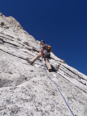Alex, leading pitch 1 of Cathedral Peak.