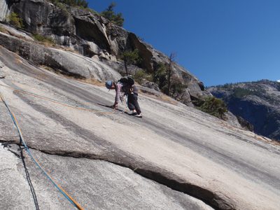 Monica, performing the pyschological crux of the route:...