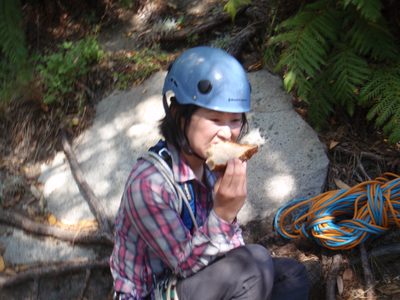 Lunchtime at the bivy ledge at the top of Royal Arches....