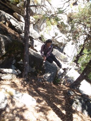 Scrambling up the last several hundred yards to the valley rim.