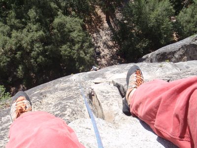 Monica climbing first pitch of After Seven.