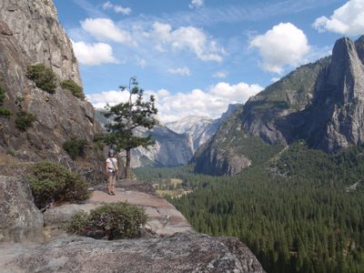 Monica and Yosemite Valley with Half Dome and Sentinel...