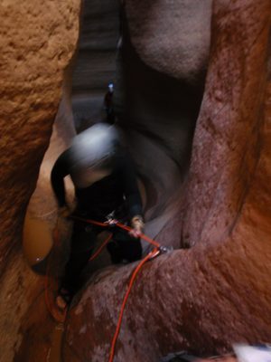 Mike on rappel in Keyhole Canyon.  Note the Chaco sandals.