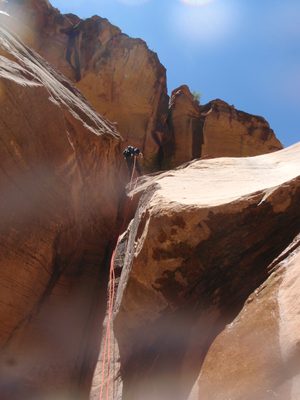 Mike on rappel in Pine Creek Canyon.
