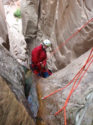 Andy, looking down as he starts a 150 foot rappel.