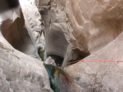 Just about there!  This rappel was a little challenging...