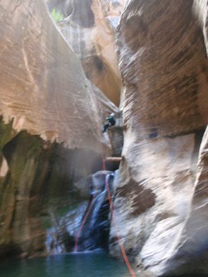 Mike bypasses a waterfall in Kolob Canyon.