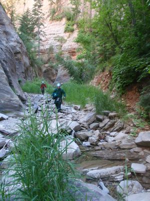 Mike (front) and Joel (rear) boulder-hopping down Lower...