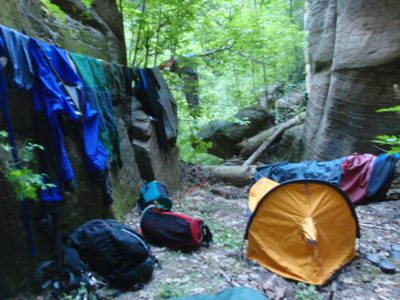 Camp, the next morning.  Joel (inside his bivy) pictured.
