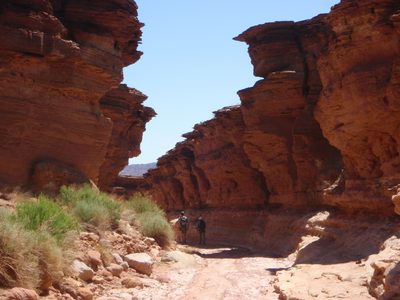 Andy and Meredith hike ahead through strange sedimentary...