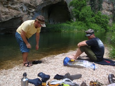 Lunchtime at Clear Creek:  Mike and Andy look for rocks to skip.