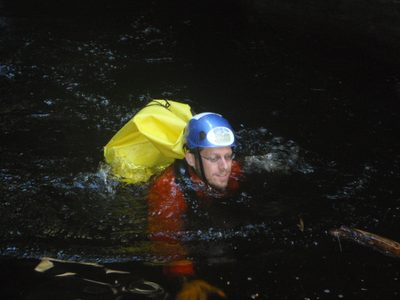 Joel, swimming in the pothole.