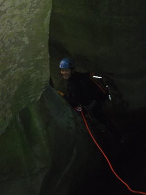 Monica, about to start the second stage of the rappel.