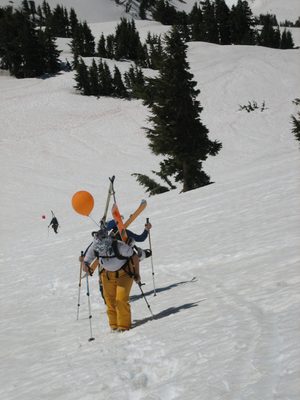 Catherine hiking uphill, new snowboard on her back. ...