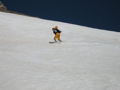 Riding the toeside.  Check the consistency of the snow...