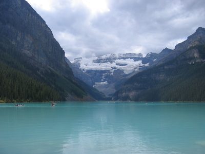 Lake Louise, fed by the glacier behind it.