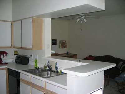 View through the open counter above the sink