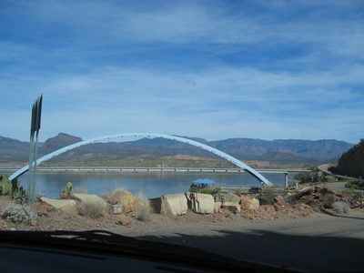 Beyond the dam is the "longest, two-lane, single span,...