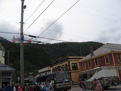 Down town Skagway, filled with tourists and tourist busses