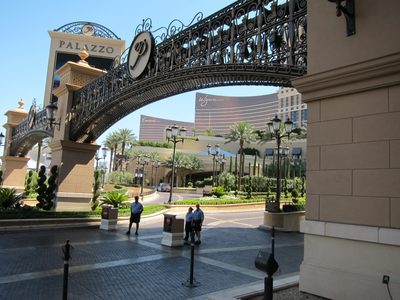 Entrance to the Palazzo Hotel, with the twin Wynn hotels...