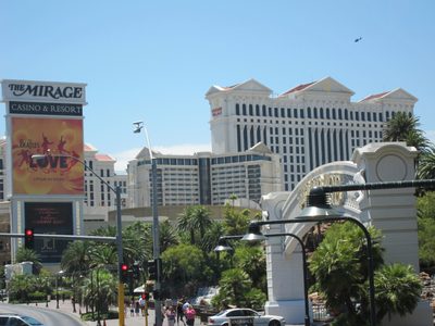 The entrance for The Mirage, with Caesar's palace hotel...