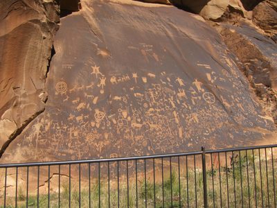 This is Newspaper Rock on the road into the Needles...