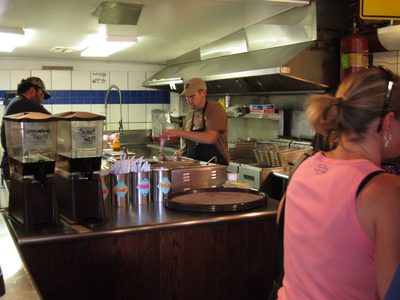 Inside Sparky's kitchen.  Great burgers, BBQ beef, pork,...