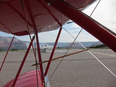 View through the various struts to an unusual plane on...