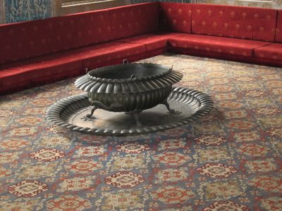 A fire pot for warmth.  Check out the rug ... and the...